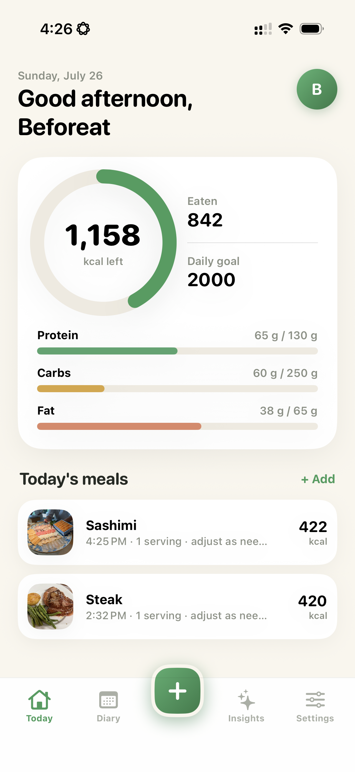 Beforeat app showing today's calorie ring, macro progress bars, and meal log with Sashimi and Steak entries