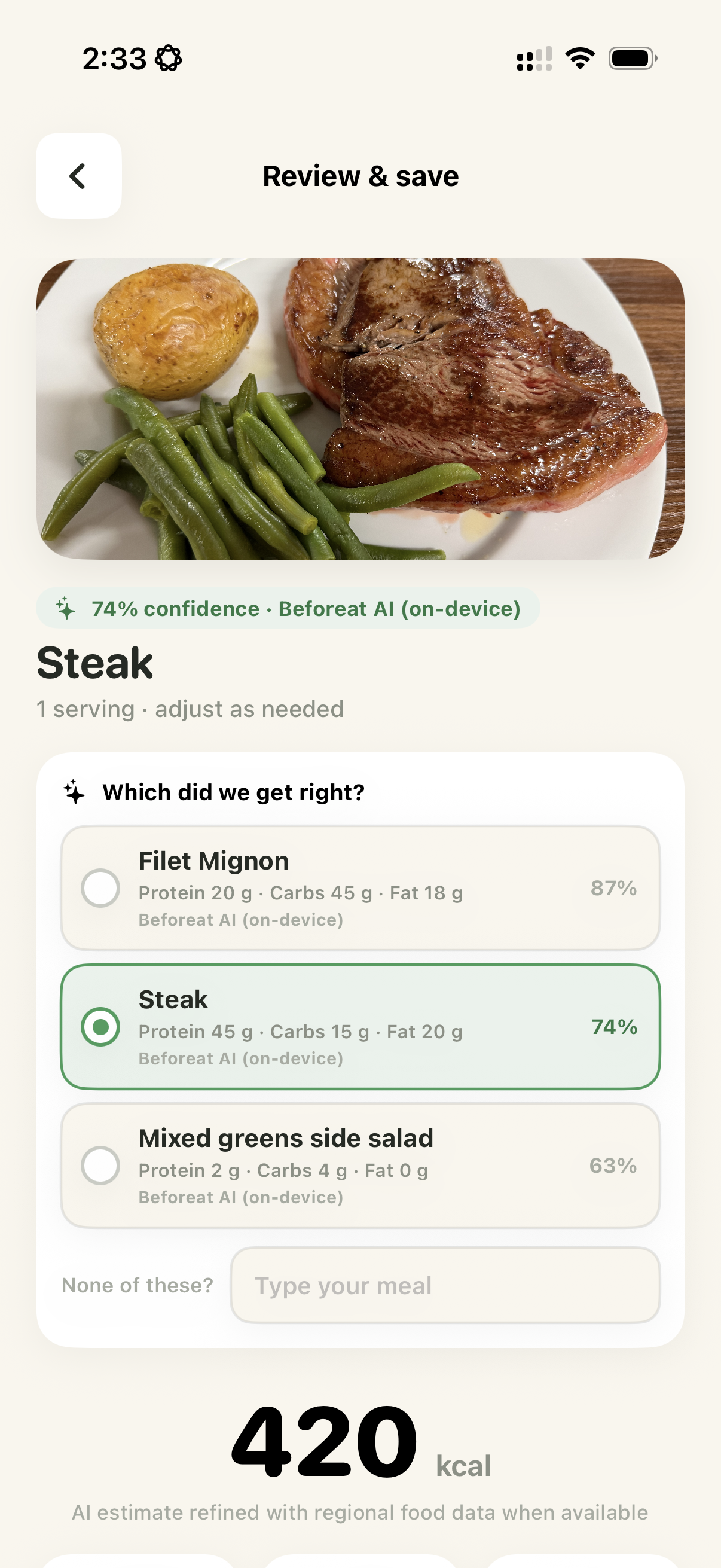Beforeat review and save screen