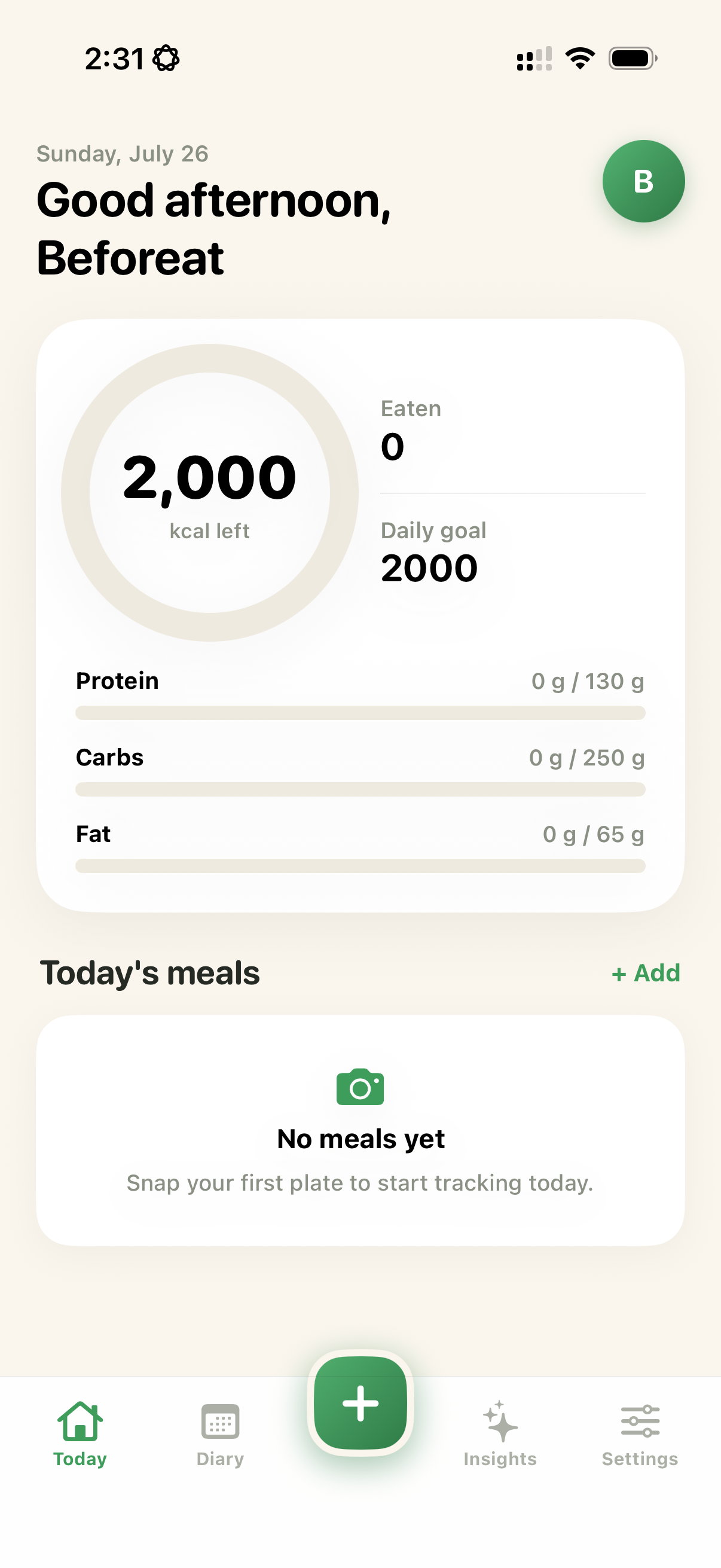 Beforeat Today screen with the add meal button